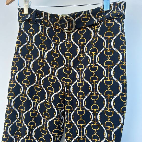 Zara Wide Leg Flare Belt Horsebit Chain Pattern Pants Festive Small High Rise - Picture 5 of 12